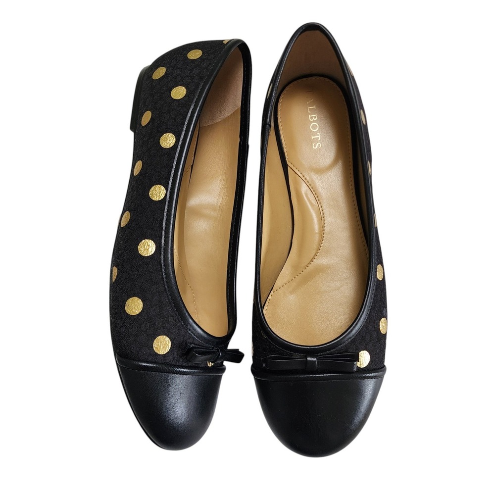 Talbots Womens‎ Blair Cap Toe Ballet Flats Size 8.5 Black Gold Foil Dot Jacquard